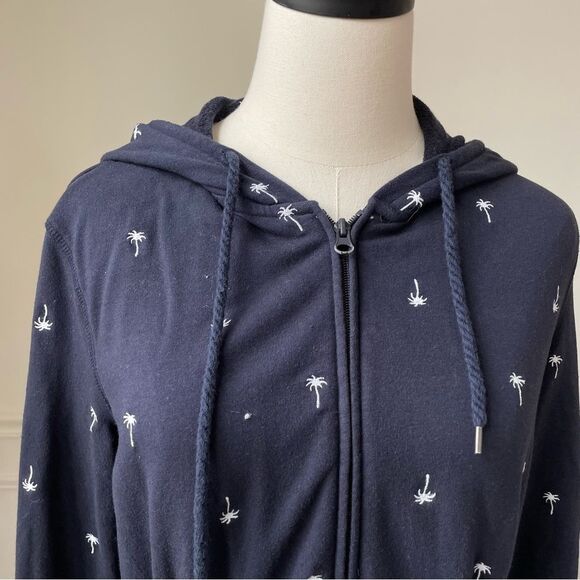 Talbots French Terry Palm Tree Embroidered Full Zip Hoodie Navy Blue M Petite - Picture 2 of 9